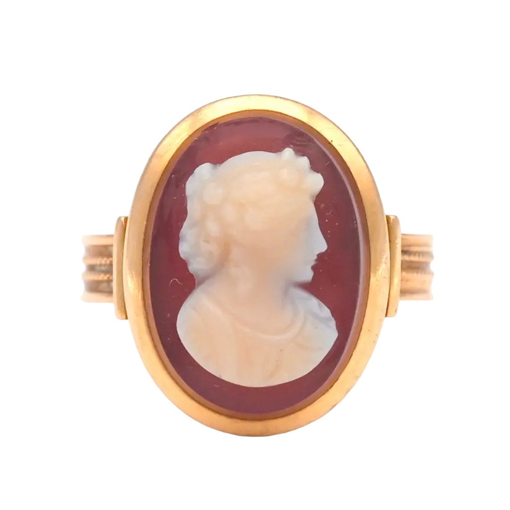 ANTIQUE VICTORIAN HIGH RELIEF CARNELIAN CAMEO RING 10K YELLOW GOLD SIZE 6 1800s